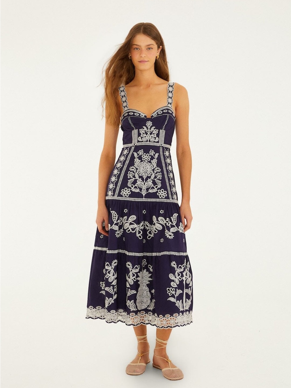 FARM Rio Navy / Blue Richelieu Embroidered Midi Dress - Picture 1 of 5